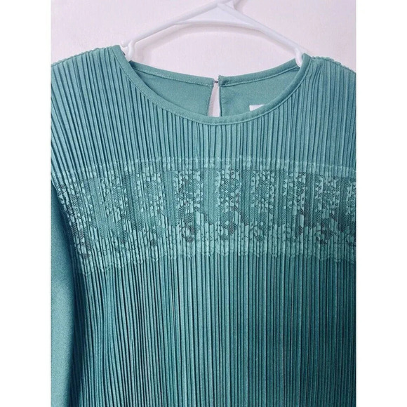 Vintage Good Times Dress 10P Blouson Green Midi Crinkle Pleated Lace 80s Retro - Picture 3 of 10